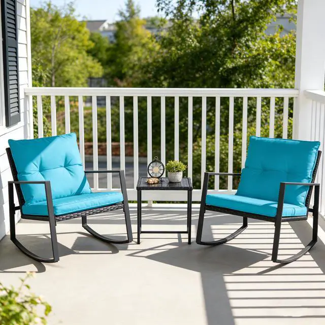 Alt view image 3 of 6 - 3-Piece Patio Bistro Set Outdoor Rocking Chairs Set Black Wicker Porch Chairs with Glass Coffee Table, Light Blue Cushion