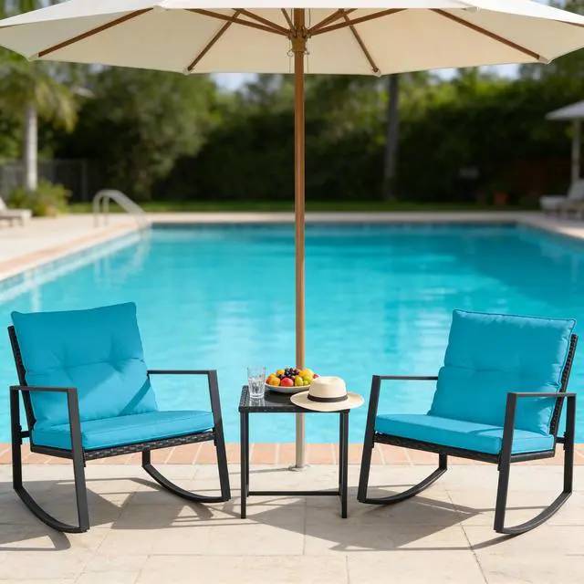 Alt view image 4 of 6 - 3-Piece Patio Bistro Set Outdoor Rocking Chairs Set Black Wicker Porch Chairs with Glass Coffee Table, Light Blue Cushion