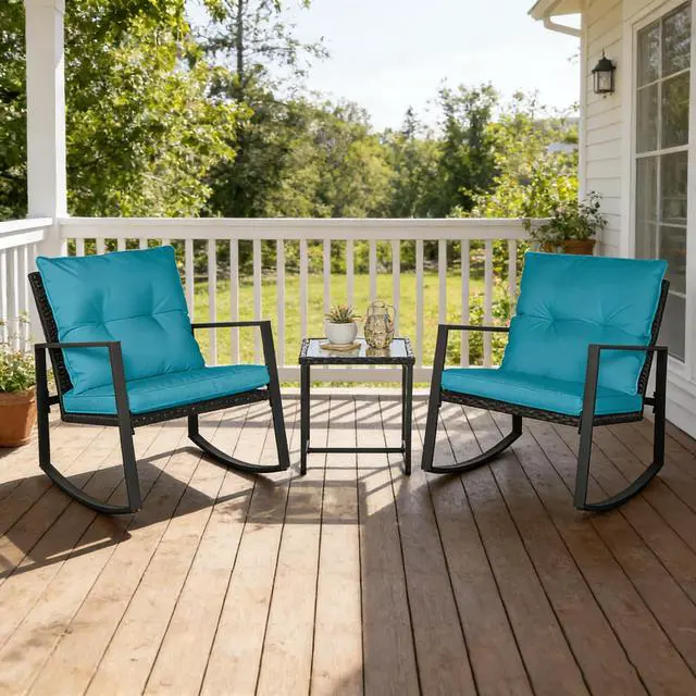Alt view image 5 of 6 - 3-Piece Patio Bistro Set Outdoor Rocking Chairs Set Black Wicker Porch Chairs with Glass Coffee Table, Light Blue Cushion