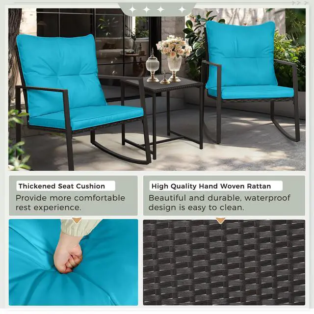 Alt view image 6 of 6 - 3-Piece Patio Bistro Set Outdoor Rocking Chairs Set Black Wicker Porch Chairs with Glass Coffee Table, Light Blue Cushion