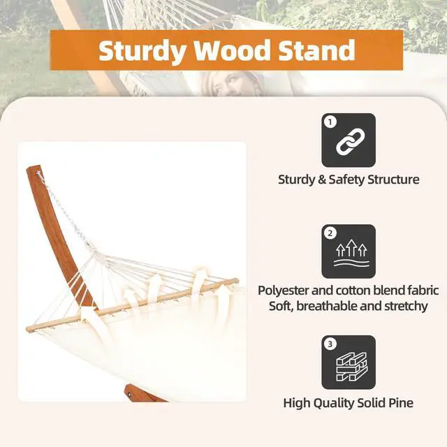 Alt view image 2 of 6 - 12 FT Wooden Hammock with Stand, Outdoor Hammock with Wood Stand for Single Person Heavy Duty Hammock and Stand for Outside Backyard, Balcony, Porch, Patio, Garden, 330 lbs Capacity, White