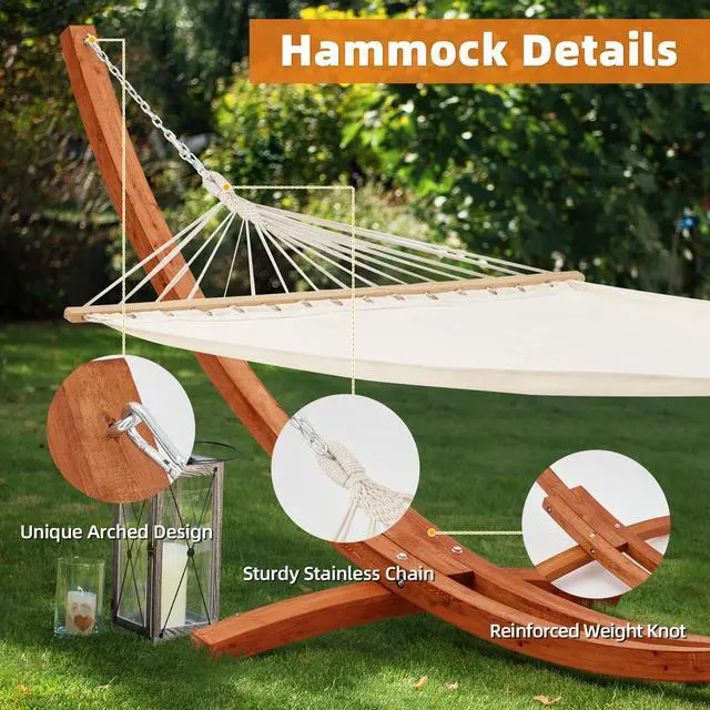 Alt view image 3 of 6 - 12 FT Wooden Hammock with Stand, Outdoor Hammock with Wood Stand for Single Person Heavy Duty Hammock and Stand for Outside Backyard, Balcony, Porch, Patio, Garden, 330 lbs Capacity, White