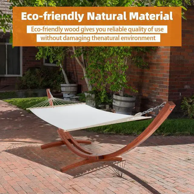 Alt view image 4 of 6 - 12 FT Wooden Hammock with Stand, Outdoor Hammock with Wood Stand for Single Person Heavy Duty Hammock and Stand for Outside Backyard, Balcony, Porch, Patio, Garden, 330 lbs Capacity, White