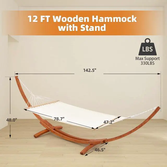 Alt view image 5 of 6 - 12 FT Wooden Hammock with Stand, Outdoor Hammock with Wood Stand for Single Person Heavy Duty Hammock and Stand for Outside Backyard, Balcony, Porch, Patio, Garden, 330 lbs Capacity, White