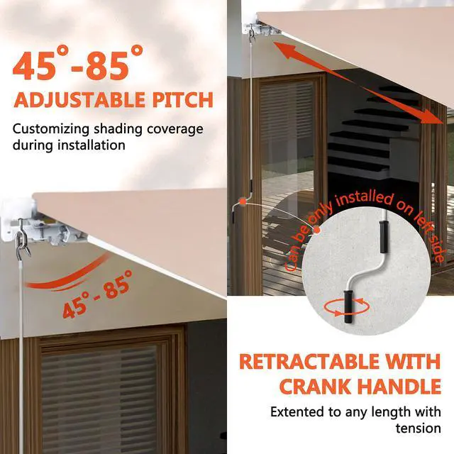 Alt view image 4 of 6 - 10'x8' Retractable Patio Awning Sun Shade Cover, Outdoor Shelter for Deck with Manual Crank, 96in Projection, Beige