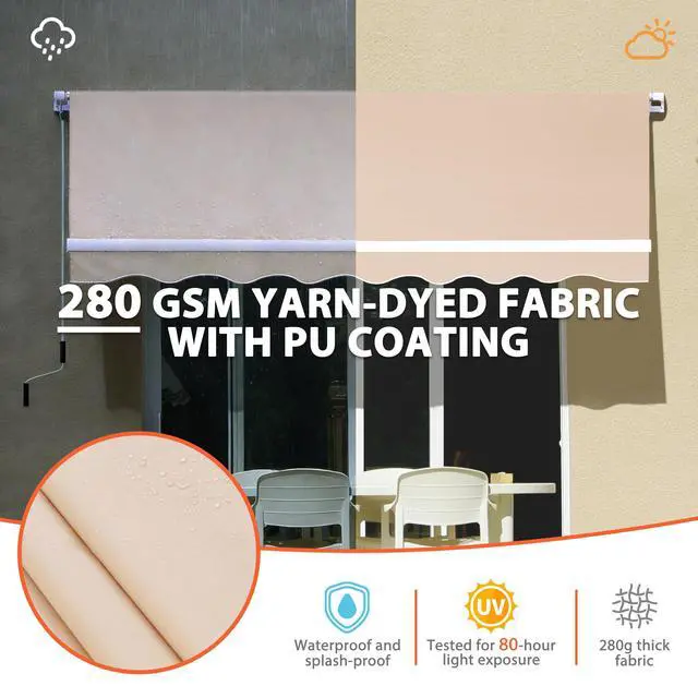 Alt view image 6 of 6 - 10'x8' Retractable Patio Awning Sun Shade Cover, Outdoor Shelter for Deck with Manual Crank, 96in Projection, Beige
