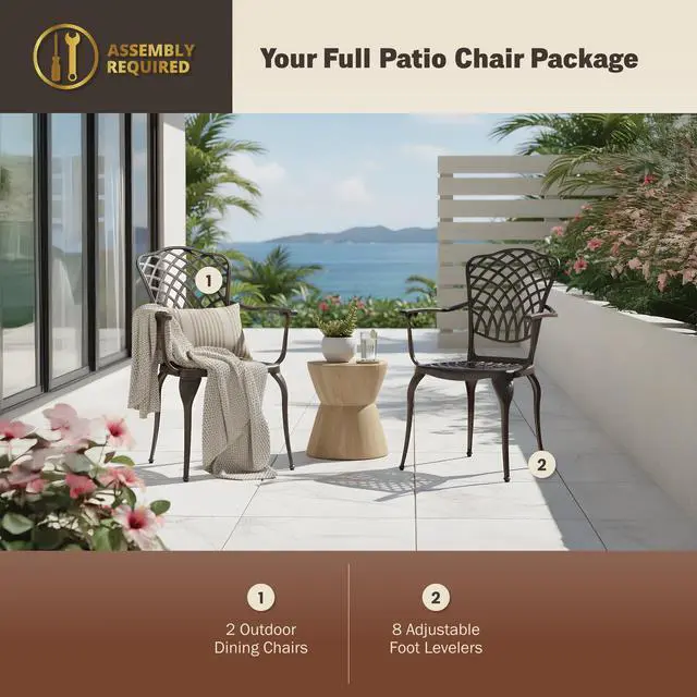 Alt view image 2 of 6 - Arden 2-Piece Outdoor Patio Dining Chairs Set of 2, Cast Aluminum Patio Chair Set, All-Weather Resistant Outdoor Dining Furniture, Brown
