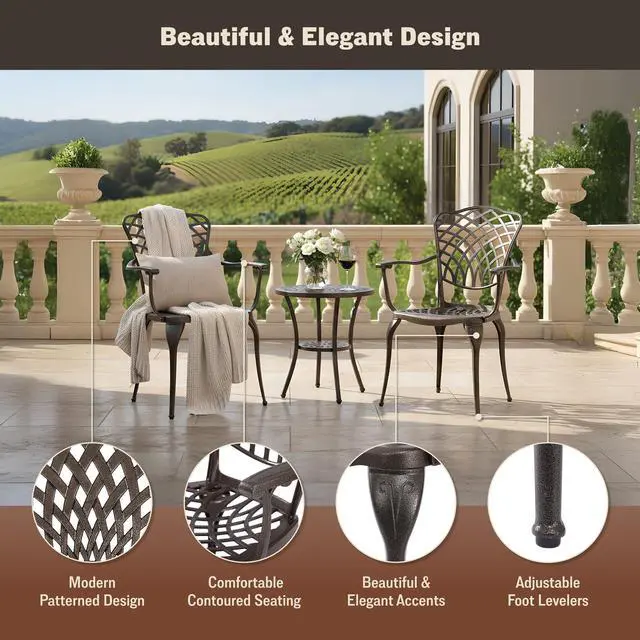 Alt view image 4 of 6 - Arden 2-Piece Outdoor Patio Dining Chairs Set of 2, Cast Aluminum Patio Chair Set, All-Weather Resistant Outdoor Dining Furniture, Brown