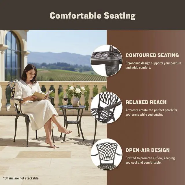 Alt view image 5 of 6 - Arden 2-Piece Outdoor Patio Dining Chairs Set of 2, Cast Aluminum Patio Chair Set, All-Weather Resistant Outdoor Dining Furniture, Brown
