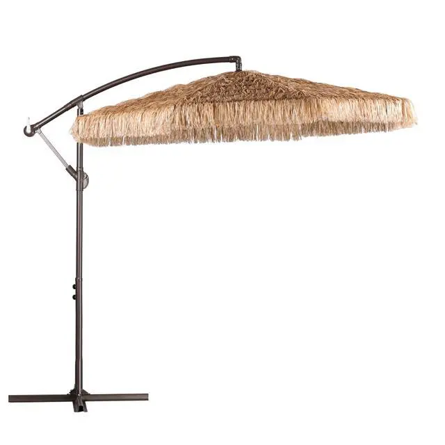Alt view image 2 of 6 - 10FT Cantilever Tiki Thatch Patio Umbrella, Hand-Push Tilt Offset Umbrella for Outdoor, Poolside, Backyard, Beach - Natural Straw Look (No Base)