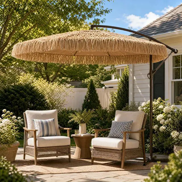Alt view image 4 of 6 - 10FT Cantilever Tiki Thatch Patio Umbrella, Hand-Push Tilt Offset Umbrella for Outdoor, Poolside, Backyard, Beach - Natural Straw Look (No Base)