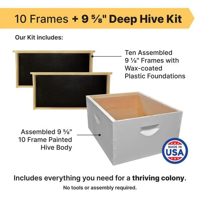 Alt view image 2 of 6 - 10-Frame Deep Hive Kit, Fully Assembled 9" Bee Hive Body with 10 Frames & Beeswax-Coated Plastic Foundation for Brood Replacement, Colony Growth & Honey Production, Made in USA, Painted