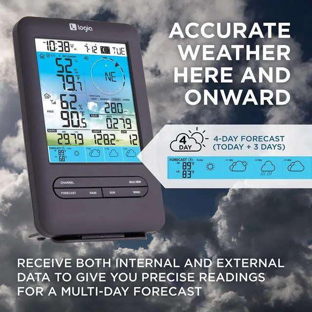 Alt view image 4 of 6 - 18-in-1 Wireless Weather Station with 7-in-1 Solar Sensor Array & 4-Day Forecast, Wi-Fi & Large Color Display, Wind Speed/Direction, Rainfall, UV Index, Light Intensity, Temperature & Humidity