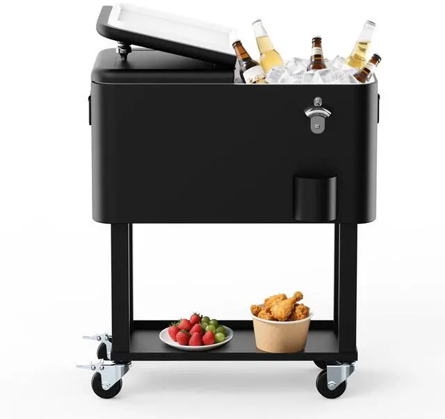 Main image of 80QT Rolling Cooler Cart on Wheels for Outdoor Patio Party Bar Beverage Ice Chest with Bottle Opener, Drain Plug and Shelf