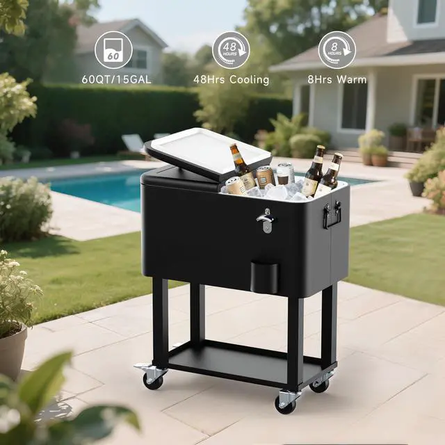 Alt view image 2 of 6 - 80QT Rolling Cooler Cart on Wheels for Outdoor Patio Party Bar Beverage Ice Chest with Bottle Opener, Drain Plug and Shelf