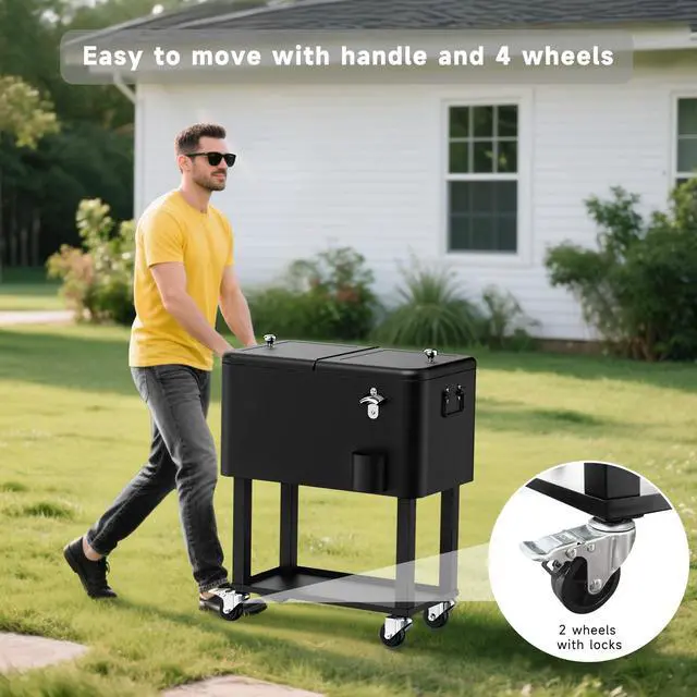 Alt view image 3 of 6 - 80QT Rolling Cooler Cart on Wheels for Outdoor Patio Party Bar Beverage Ice Chest with Bottle Opener, Drain Plug and Shelf