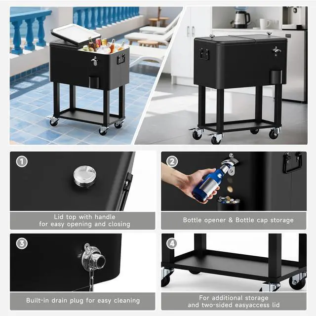 Alt view image 4 of 6 - 80QT Rolling Cooler Cart on Wheels for Outdoor Patio Party Bar Beverage Ice Chest with Bottle Opener, Drain Plug and Shelf