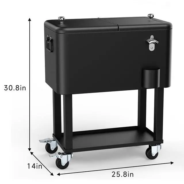 Alt view image 5 of 6 - 80QT Rolling Cooler Cart on Wheels for Outdoor Patio Party Bar Beverage Ice Chest with Bottle Opener, Drain Plug and Shelf