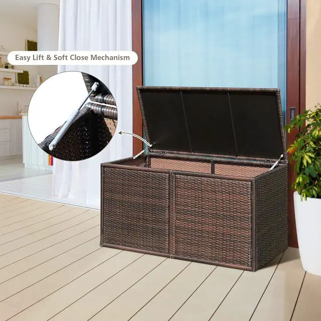 Alt view image 2 of 6 - Rattan Deck Box 73 Gallon Wicker Storage Box W/Separate Storage Shelf, Openable Door, Steel Frame, Toys and Tools Organize for Yard, Garden, Balcony, Porch, Patio Rattan Storage Box (Brown)