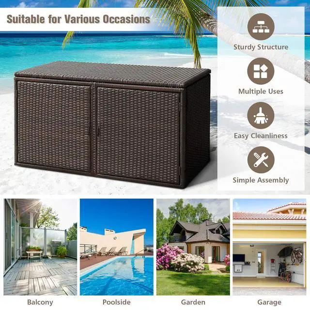 Alt view image 3 of 6 - Rattan Deck Box 73 Gallon Wicker Storage Box W/Separate Storage Shelf, Openable Door, Steel Frame, Toys and Tools Organize for Yard, Garden, Balcony, Porch, Patio Rattan Storage Box (Brown)