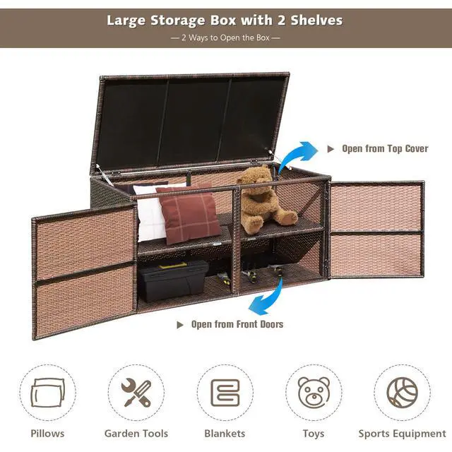 Alt view image 4 of 6 - Rattan Deck Box 73 Gallon Wicker Storage Box W/Separate Storage Shelf, Openable Door, Steel Frame, Toys and Tools Organize for Yard, Garden, Balcony, Porch, Patio Rattan Storage Box (Brown)