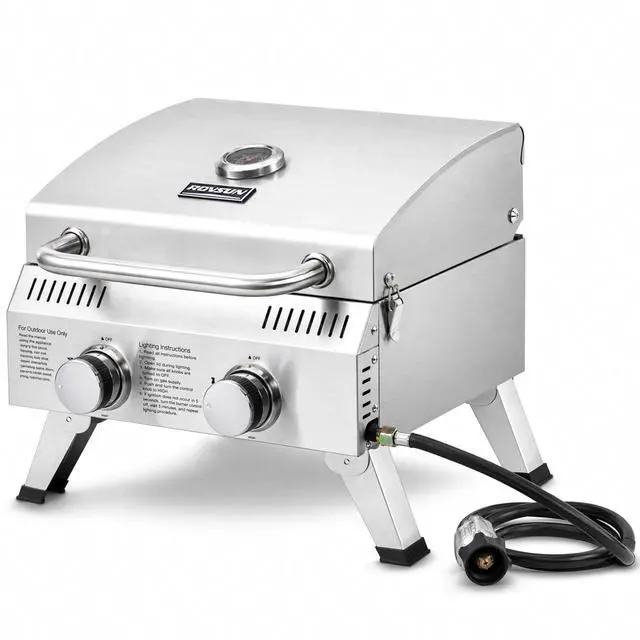 Main image of 20000 BTU Stainless Steel Propane Gas Grill with Ignition, 2 Burner Portable Tabletop Grill with Folding Legs & Lockable Lid for Outdoor Patio Garden BBQ Picnic RV Tailgating Camping Cooking