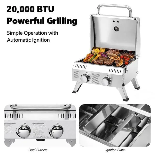 Alt view image 2 of 6 - 20000 BTU Stainless Steel Propane Gas Grill with Ignition, 2 Burner Portable Tabletop Grill with Folding Legs & Lockable Lid for Outdoor Patio Garden BBQ Picnic RV Tailgating Camping Cooking