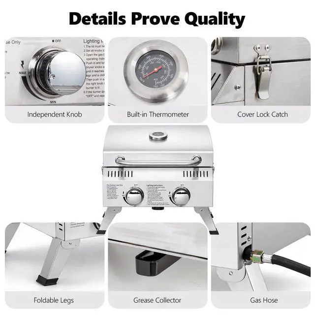 Alt view image 3 of 6 - 20000 BTU Stainless Steel Propane Gas Grill with Ignition, 2 Burner Portable Tabletop Grill with Folding Legs & Lockable Lid for Outdoor Patio Garden BBQ Picnic RV Tailgating Camping Cooking