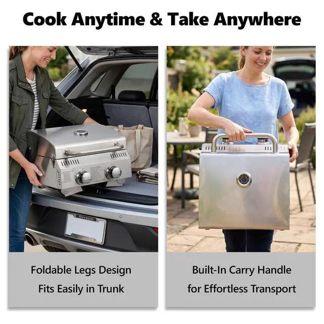 Alt view image 4 of 6 - 20000 BTU Stainless Steel Propane Gas Grill with Ignition, 2 Burner Portable Tabletop Grill with Folding Legs & Lockable Lid for Outdoor Patio Garden BBQ Picnic RV Tailgating Camping Cooking