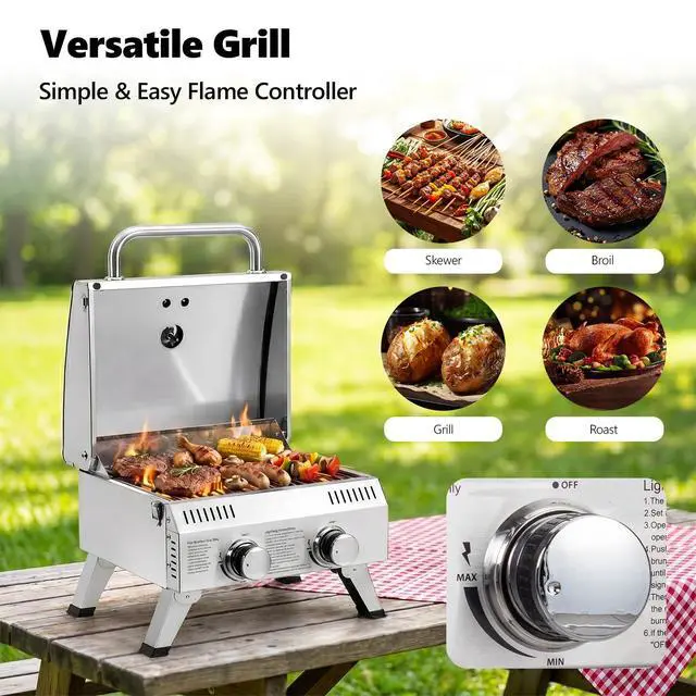 Alt view image 5 of 6 - 20000 BTU Stainless Steel Propane Gas Grill with Ignition, 2 Burner Portable Tabletop Grill with Folding Legs & Lockable Lid for Outdoor Patio Garden BBQ Picnic RV Tailgating Camping Cooking