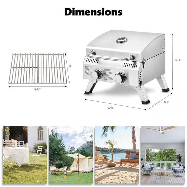 Alt view image 6 of 6 - 20000 BTU Stainless Steel Propane Gas Grill with Ignition, 2 Burner Portable Tabletop Grill with Folding Legs & Lockable Lid for Outdoor Patio Garden BBQ Picnic RV Tailgating Camping Cooking