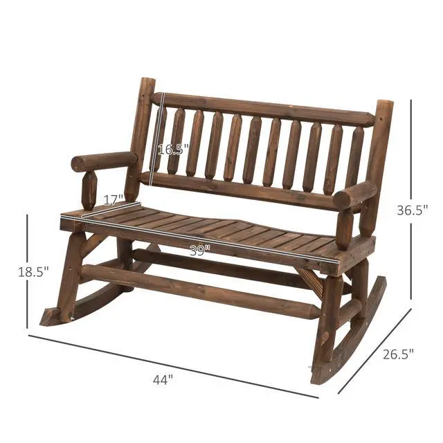 Alt view image 3 of 6 - 2-Person Wood Rocking Chair with Log Design, Heavy Duty Loveseat with Wide Curved Seats for Patio, Backyard, Garden, Walnut