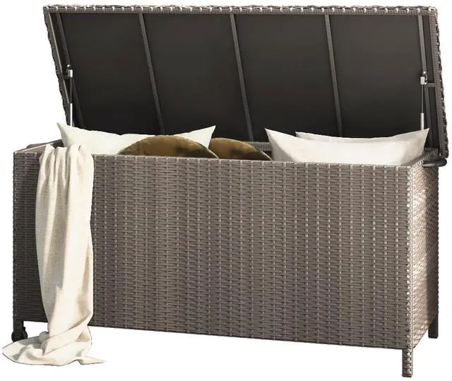 Main image of 108 Gallon Deck Storage Box Indoor Outdoor Wicker Bin for Patio Furniture Cushions Garden Tools Pool Accessories, Greige