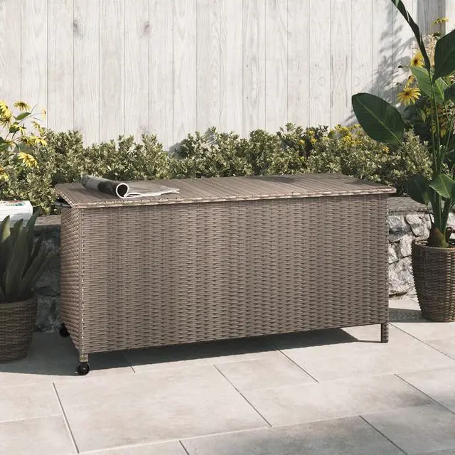 Alt view image 2 of 6 - 108 Gallon Deck Storage Box Indoor Outdoor Wicker Bin for Patio Furniture Cushions Garden Tools Pool Accessories, Greige
