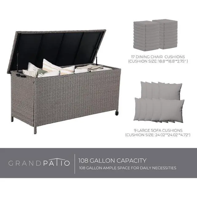 Alt view image 3 of 6 - 108 Gallon Deck Storage Box Indoor Outdoor Wicker Bin for Patio Furniture Cushions Garden Tools Pool Accessories, Greige
