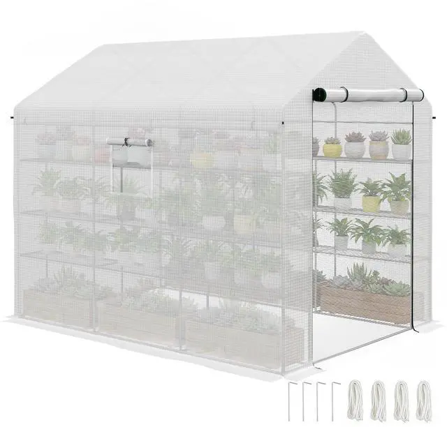 Main image of 8' x 6' x 7' Walk-in Greenhouse, PE Cover, 4-Tier Shelves, Steel Frame Hot House, Roll-Up Zipper Door for Flowers, Vegetables, Saplings, Tropical Plants, White