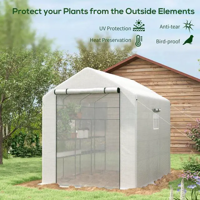 Alt view image 3 of 6 - 8' x 6' x 7' Walk-in Greenhouse, PE Cover, 4-Tier Shelves, Steel Frame Hot House, Roll-Up Zipper Door for Flowers, Vegetables, Saplings, Tropical Plants, White