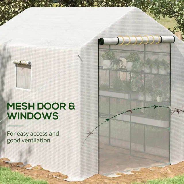 Alt view image 4 of 6 - 8' x 6' x 7' Walk-in Greenhouse, PE Cover, 4-Tier Shelves, Steel Frame Hot House, Roll-Up Zipper Door for Flowers, Vegetables, Saplings, Tropical Plants, White