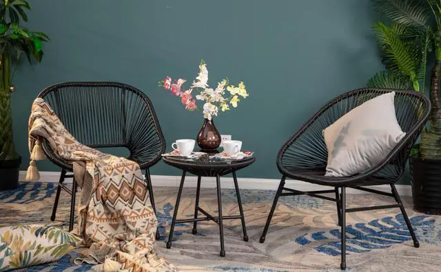 Main image of 3-Piece Patio Furniture Set, Outdoor Wicker Conversation Set w/ 2 Handwoven Cushioned Chairs, Side Coffee Table for Backyard Lawn Porch Poolside Balcony