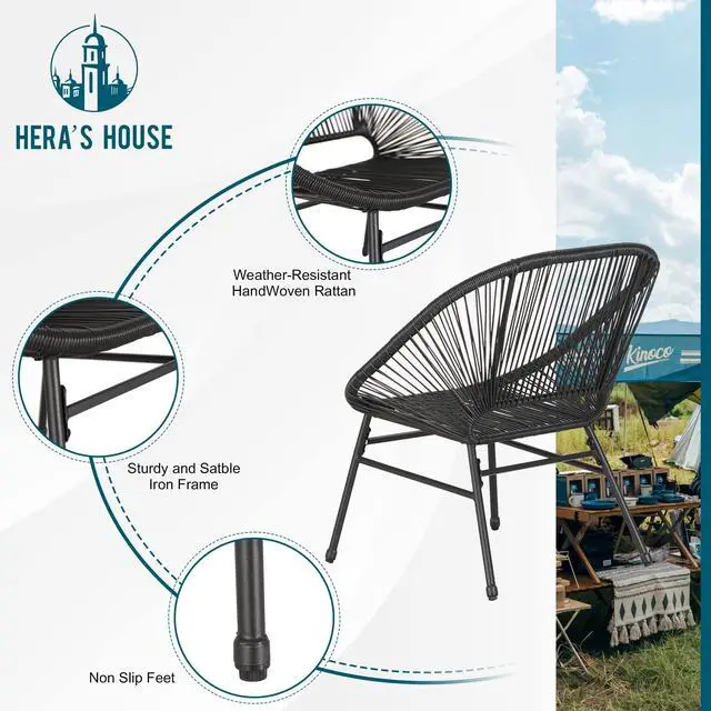 Alt view image 2 of 6 - 3-Piece Patio Furniture Set, Outdoor Wicker Conversation Set w/ 2 Handwoven Cushioned Chairs, Side Coffee Table for Backyard Lawn Porch Poolside Balcony