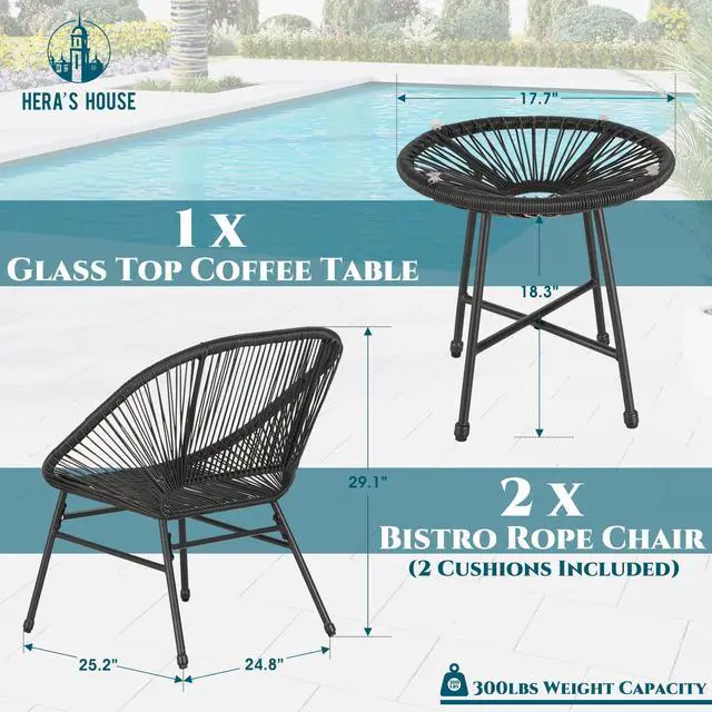 Alt view image 6 of 6 - 3-Piece Patio Furniture Set, Outdoor Wicker Conversation Set w/ 2 Handwoven Cushioned Chairs, Side Coffee Table for Backyard Lawn Porch Poolside Balcony