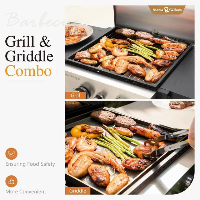 Alt view image 2 of 6 - 2-Burner Gas BBQ Grill With Flat Top, Small Outdoor Propane Barbecue Grill with Side Shelves,Lid and Hose & Regulator for Camping, 20,000 BTU,Black