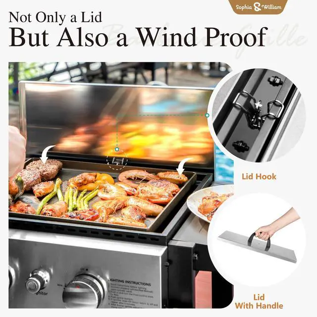 Alt view image 4 of 6 - 2-Burner Gas BBQ Grill With Flat Top, Small Outdoor Propane Barbecue Grill with Side Shelves,Lid and Hose & Regulator for Camping, 20,000 BTU,Black
