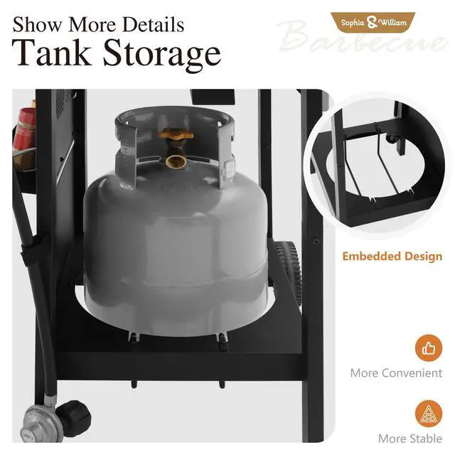 Alt view image 5 of 6 - 2-Burner Gas BBQ Grill With Flat Top, Small Outdoor Propane Barbecue Grill with Side Shelves,Lid and Hose & Regulator for Camping, 20,000 BTU,Black