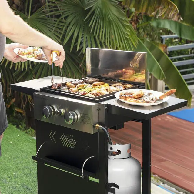 Alt view image 6 of 6 - 2-Burner Gas BBQ Grill With Flat Top, Small Outdoor Propane Barbecue Grill with Side Shelves,Lid and Hose & Regulator for Camping, 20,000 BTU,Black