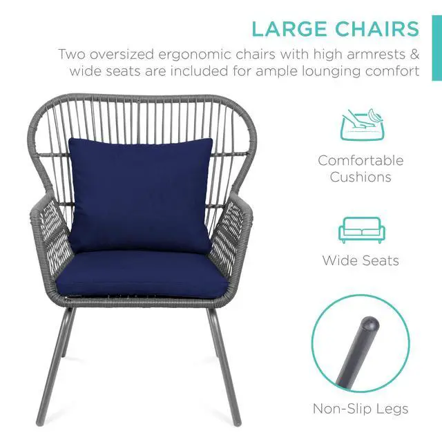 Alt view image 2 of 6 - 3-Piece Patio Conversation Bistro Set, Outdoor All-Weather Wicker Furniture for Porch, Backyard w/ 2 Wide Ergonomic Chairs, Cushions, Glass Top Side Table - Gray/Navy