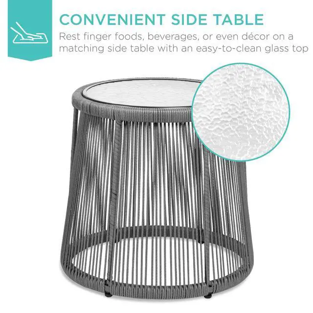 Alt view image 3 of 6 - 3-Piece Patio Conversation Bistro Set, Outdoor All-Weather Wicker Furniture for Porch, Backyard w/ 2 Wide Ergonomic Chairs, Cushions, Glass Top Side Table - Gray/Navy