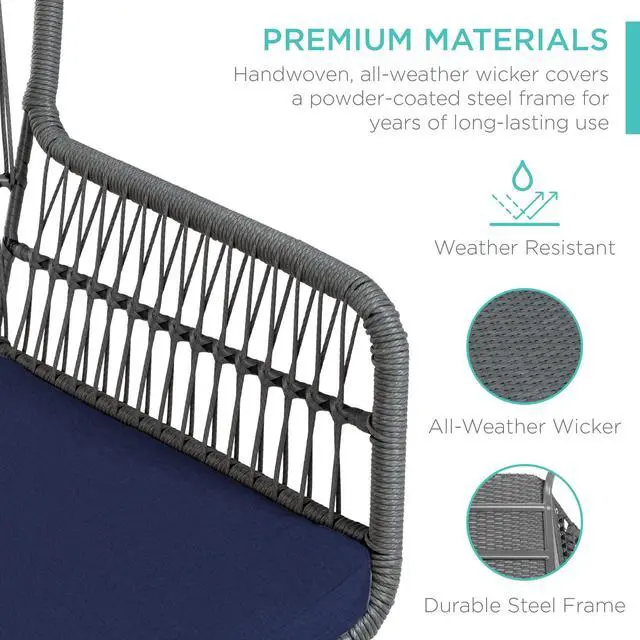 Alt view image 4 of 6 - 3-Piece Patio Conversation Bistro Set, Outdoor All-Weather Wicker Furniture for Porch, Backyard w/ 2 Wide Ergonomic Chairs, Cushions, Glass Top Side Table - Gray/Navy