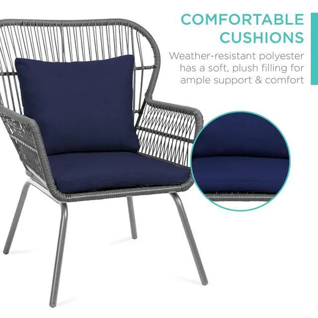 Alt view image 5 of 6 - 3-Piece Patio Conversation Bistro Set, Outdoor All-Weather Wicker Furniture for Porch, Backyard w/ 2 Wide Ergonomic Chairs, Cushions, Glass Top Side Table - Gray/Navy