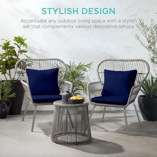 Alt view image 6 of 6 - 3-Piece Patio Conversation Bistro Set, Outdoor All-Weather Wicker Furniture for Porch, Backyard w/ 2 Wide Ergonomic Chairs, Cushions, Glass Top Side Table - Gray/Navy